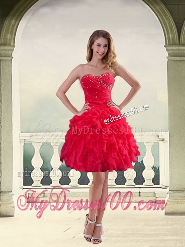 Red Strapless Quinceanera Dress with Ruffles and Beading