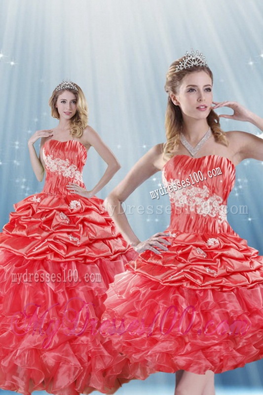 Romantic Watermelon Red Quince Dresses with Appliques and Ruffles