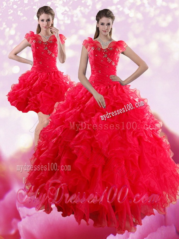 Sophisticated Red Sweetheart Dresses for Quince with Ruffles and Beading