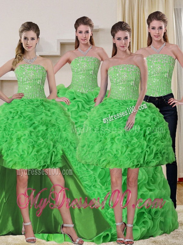 Spring Green Strapless Quinceanera Dress with Beading and Ruffles