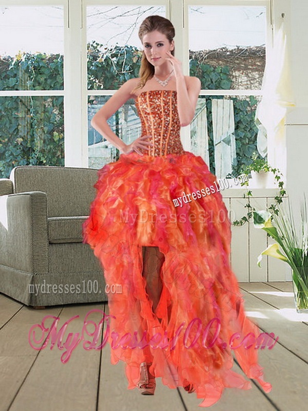 Strapless Multi Color Dress for Quinceanera with Beading and Ruffles