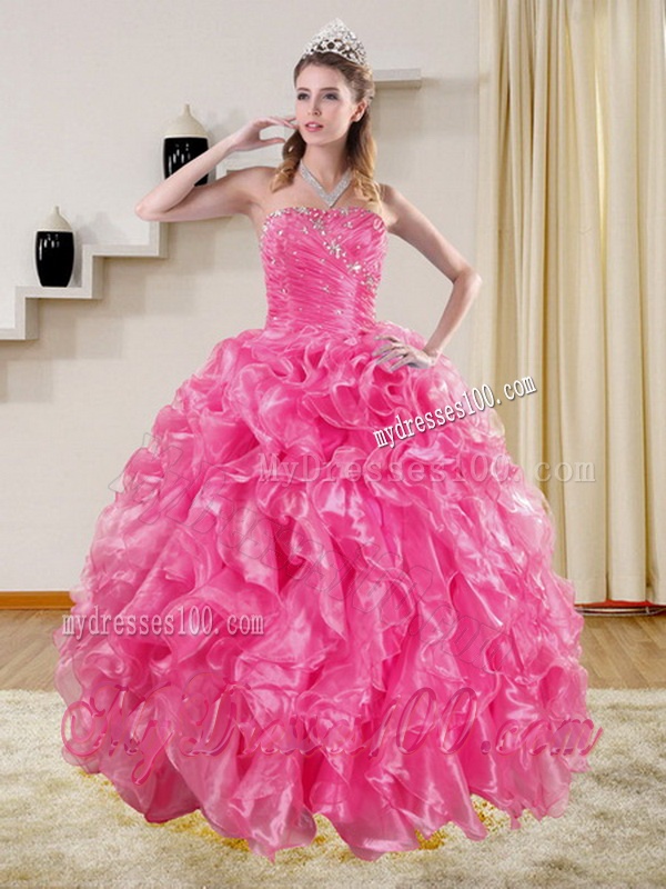 Sturning Hot Pink Quince Dresses with Beading and Ruffles for 2016