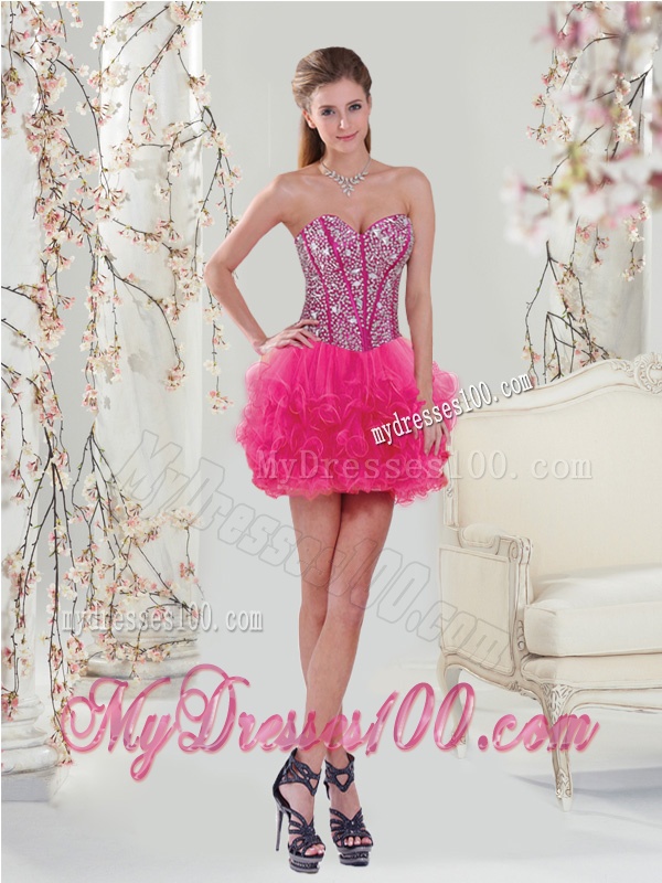 Unique Beading and Ruffles Dresses For Quince in Hot Pink