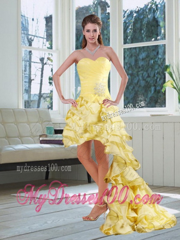 Yellow Beaded and Ruffled Sweetheart Quinceanera Dress for 2016