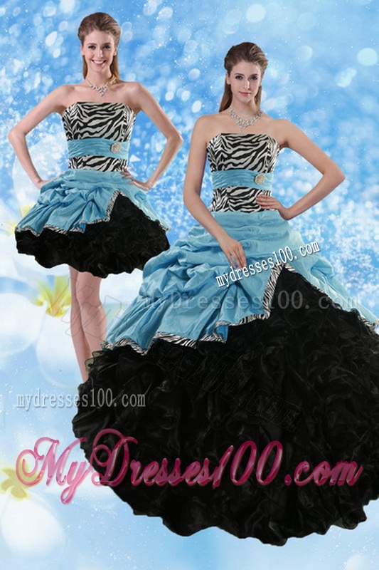 Zebra Print Multi Color Strapless Quince Dresses with Ruffles and Pick Ups