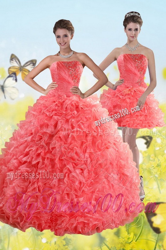 Watermelon Strapless 2016 Quince Dresses with Beading and Ruffles