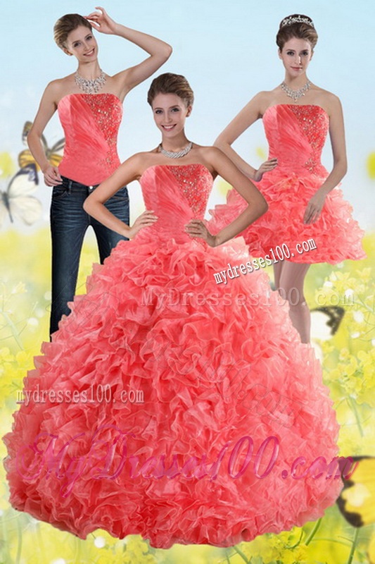 2016 Inexpensive Watermelon Sweet 15 Dresses with Beading and Ruffles