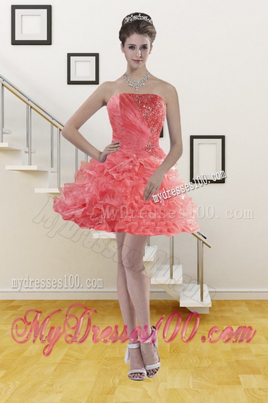 2016 Inexpensive Watermelon Sweet 15 Dresses with Beading and Ruffles