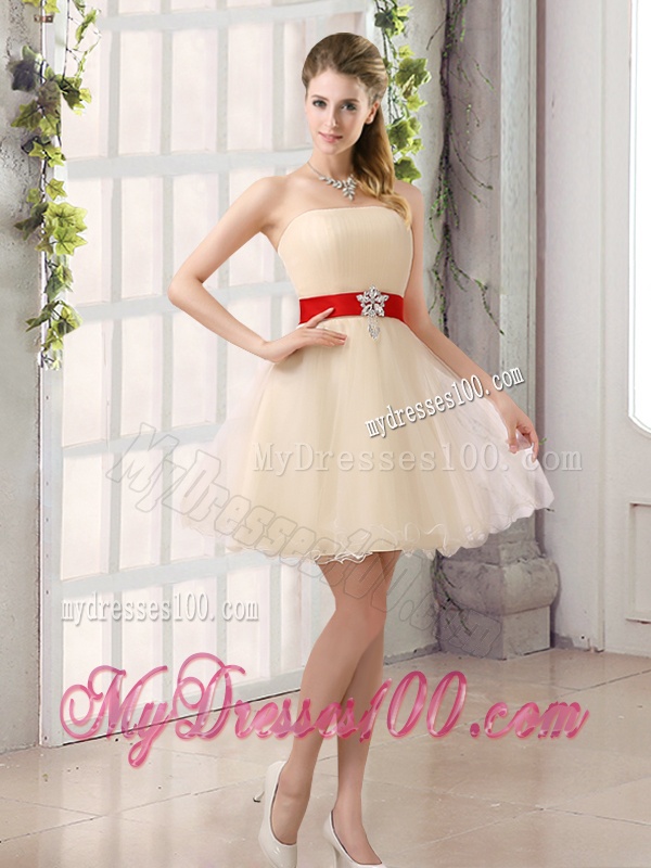 A Line Belt Strapless Bridesmaid Dress with Mini Length
