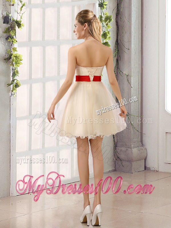 A Line Belt Strapless Bridesmaid Dress with Mini Length