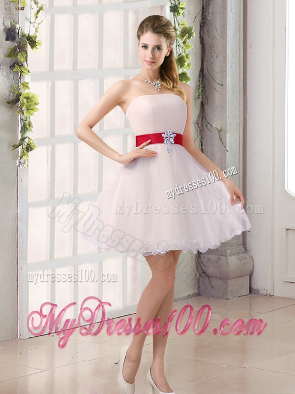 A Line Belt Strapless Bridesmaid Dress with Mini Length
