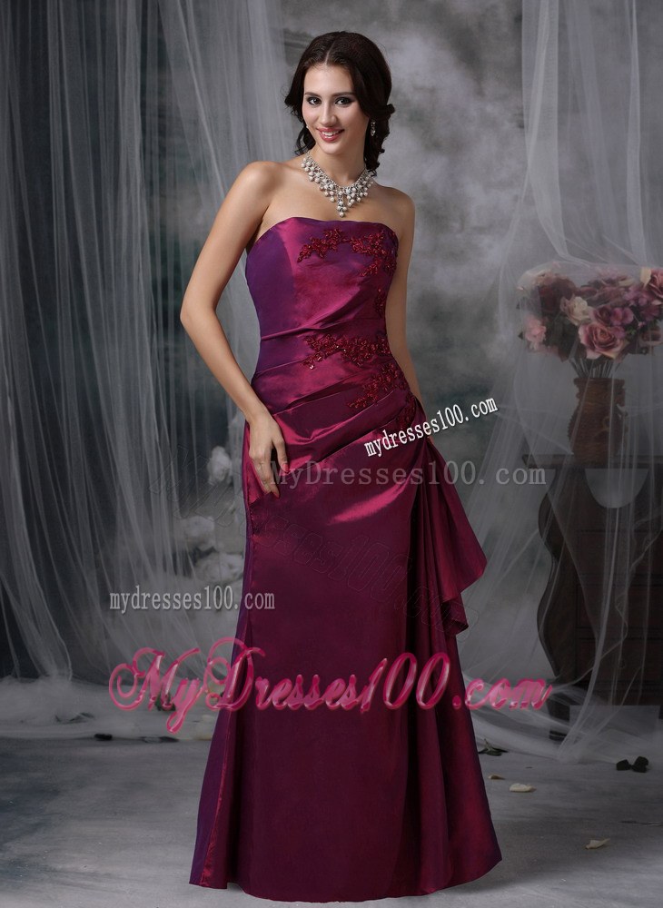 Purple Elegant Bridesmaid Dress Column Strapless Taffeta Appliques Floor-length