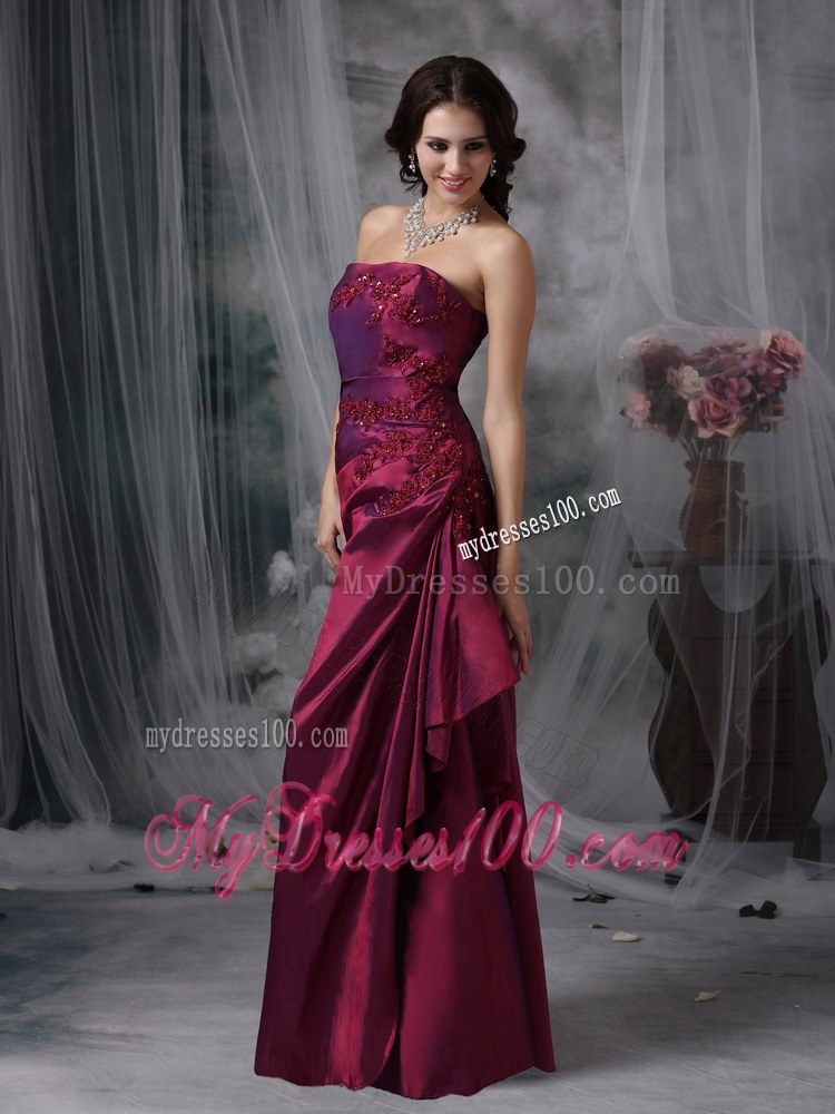 Purple Elegant Bridesmaid Dress Column Strapless Taffeta Appliques Floor-length