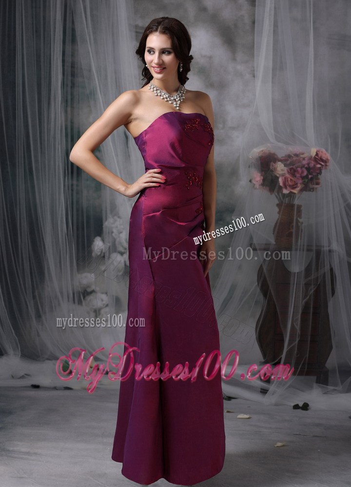 Purple Elegant Bridesmaid Dress Column Strapless Taffeta Appliques Floor-length