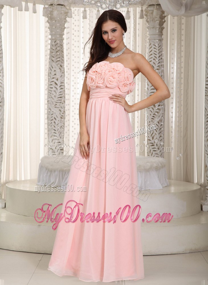 Baby Pink Empire Strapless Chiffon Hand Flower Bridesmaid Dress
