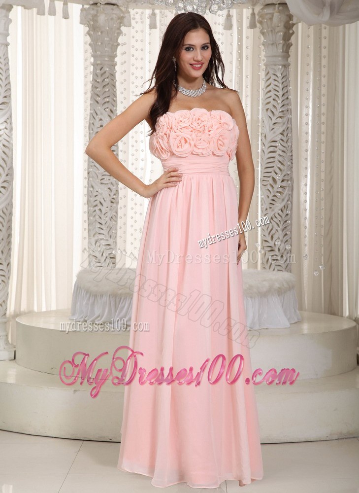 Baby Pink Empire Strapless Chiffon Hand Flower Bridesmaid Dress