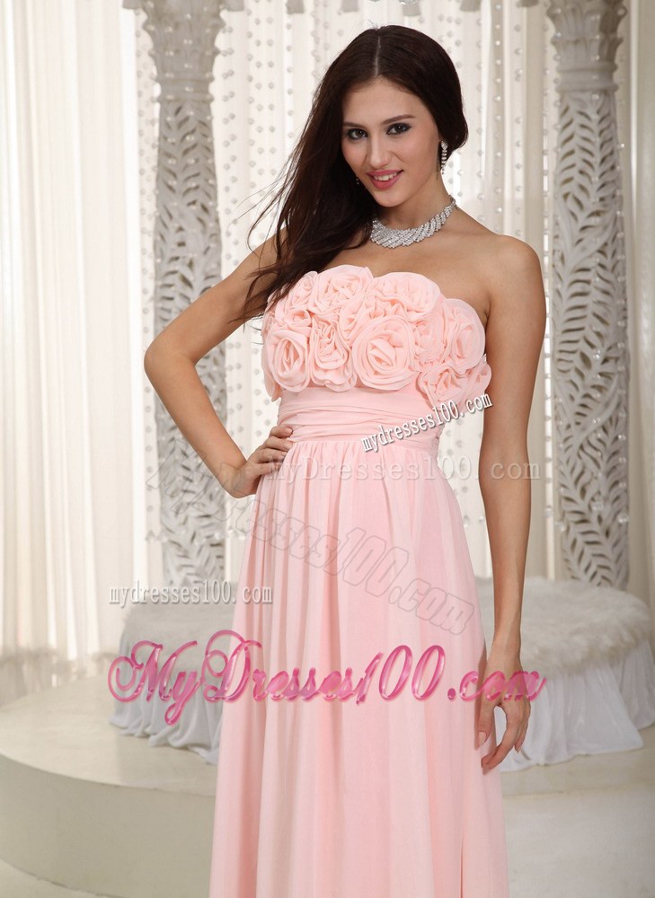 Baby Pink Empire Strapless Chiffon Hand Flower Bridesmaid Dress