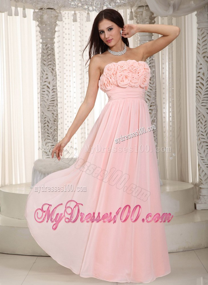 Baby Pink Empire Strapless Chiffon Hand Flower Bridesmaid Dress