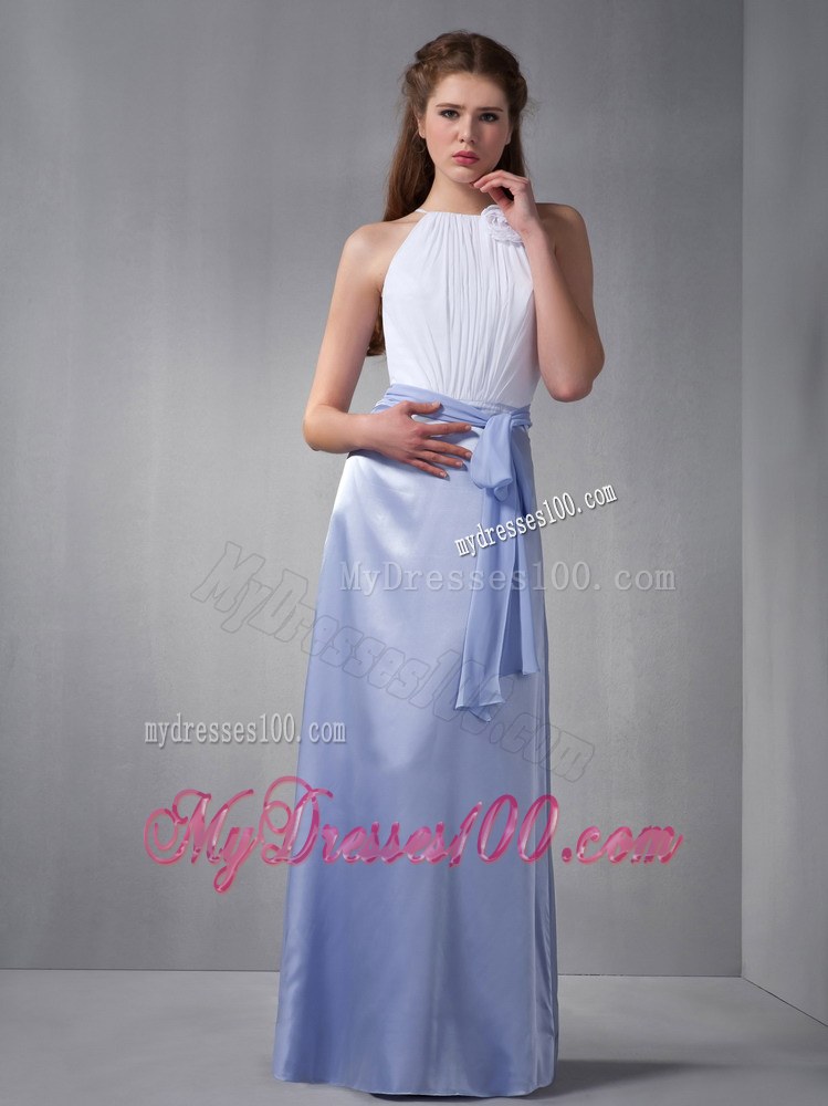 Lilac and White Column Bateau Hand Flower Bridesmaid Dress