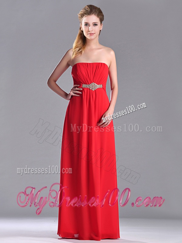 Beautiful Strapless Chiffon Red Bridesmaid Dress with Beading and Ruching