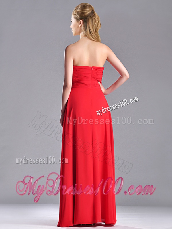 Beautiful Strapless Chiffon Red Bridesmaid Dress with Beading and Ruching
