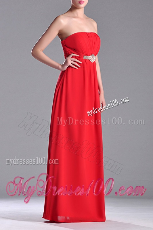 Beautiful Strapless Chiffon Red Bridesmaid Dress with Beading and Ruching