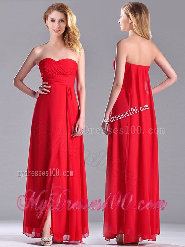 Beautiful Sweetheart Chiffon Ruched Red Bridesmaid Dress in Ankle Length