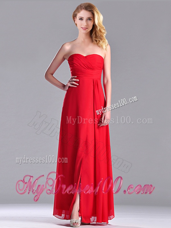Beautiful Sweetheart Chiffon Ruched Red Bridesmaid Dress in Ankle Length