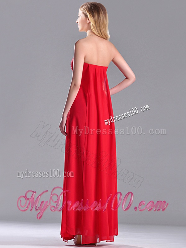 Beautiful Sweetheart Chiffon Ruched Red Bridesmaid Dress in Ankle Length