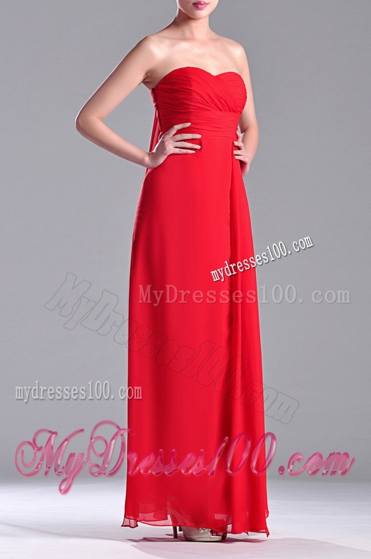 Beautiful Sweetheart Chiffon Ruched Red Bridesmaid Dress in Ankle Length