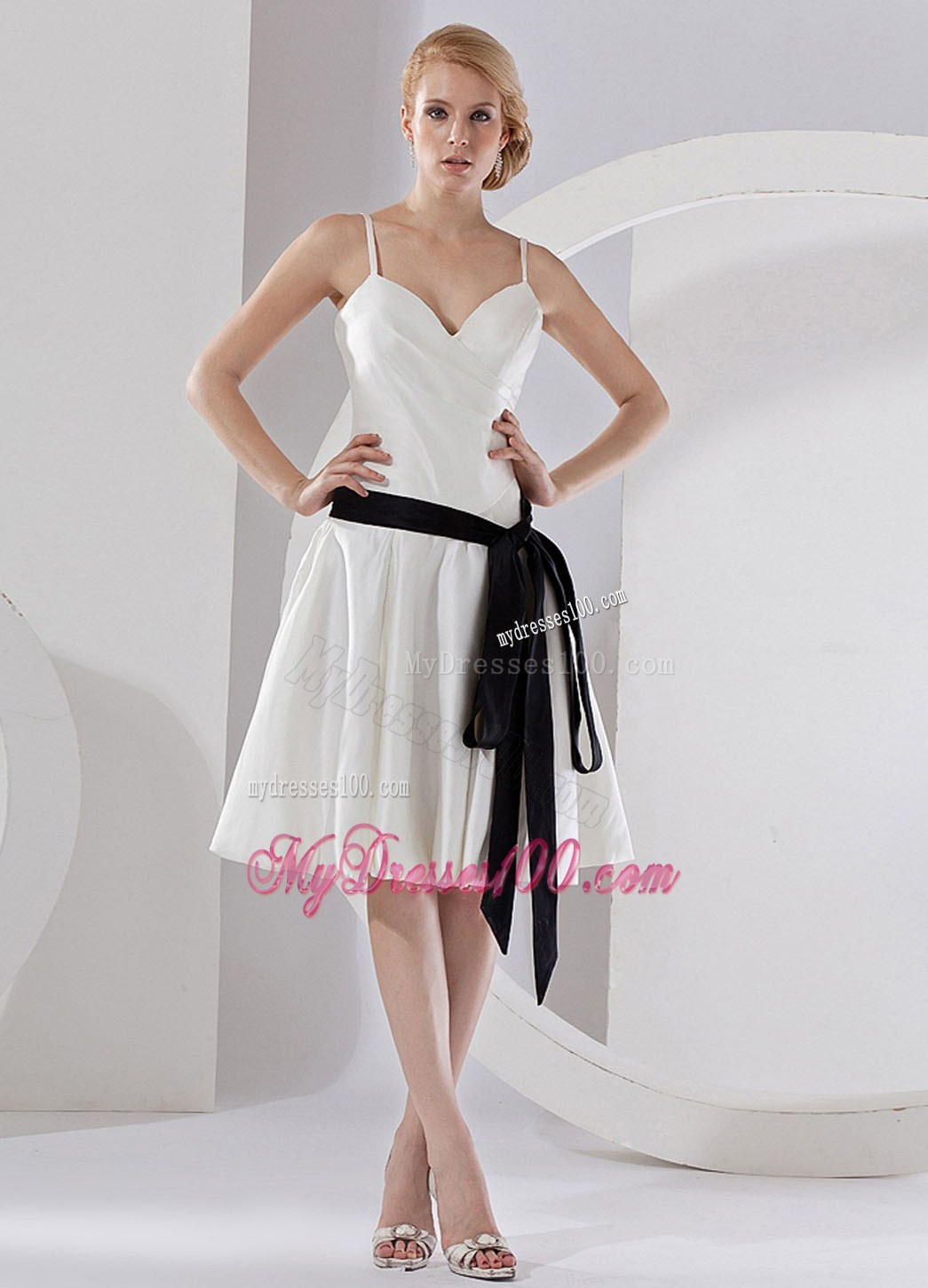 Sash Spaghetti Straps Knee-length 2013 Withe Bridesmaid Dress