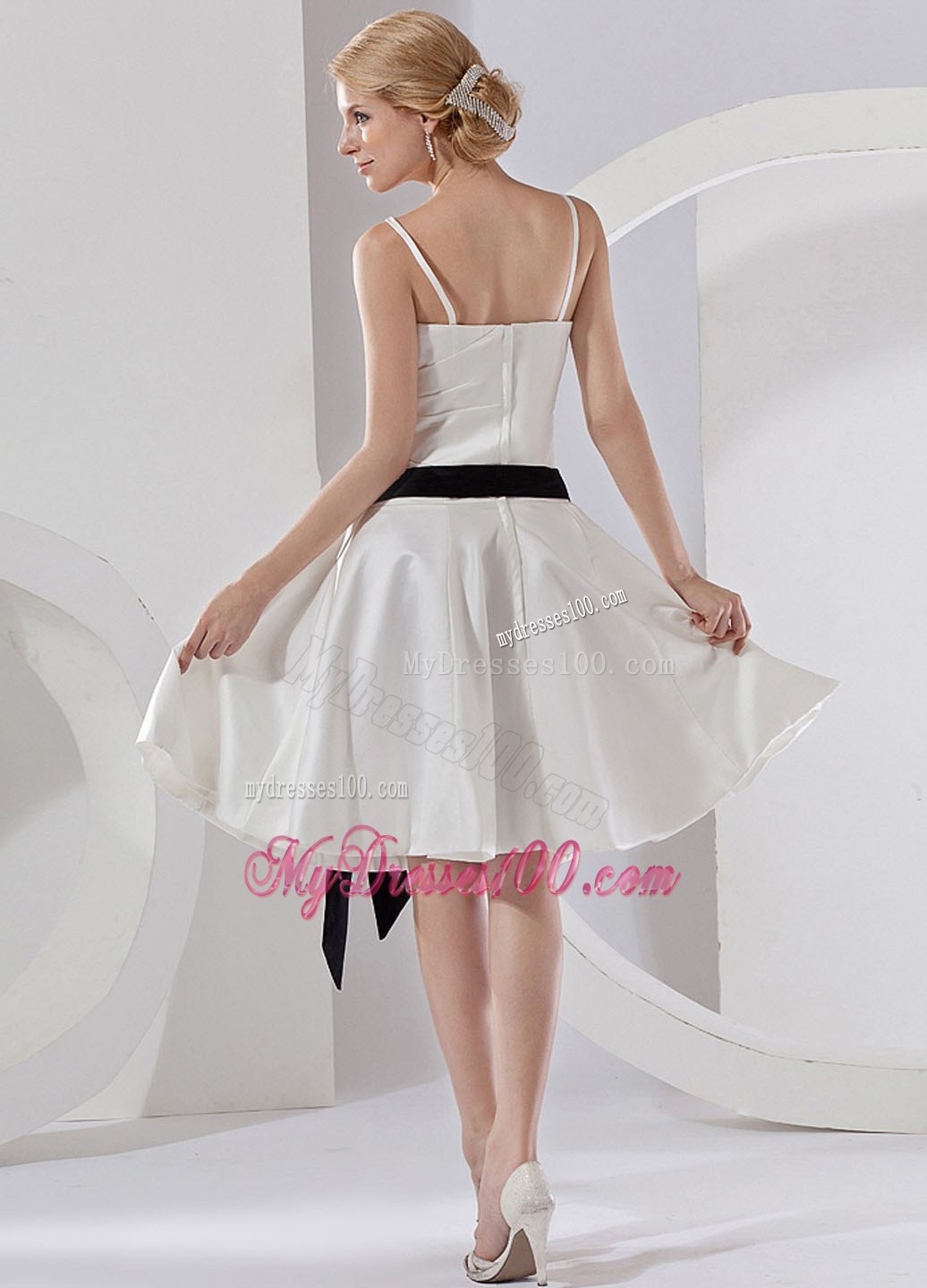 Sash Spaghetti Straps Knee-length 2013 Withe Bridesmaid Dress