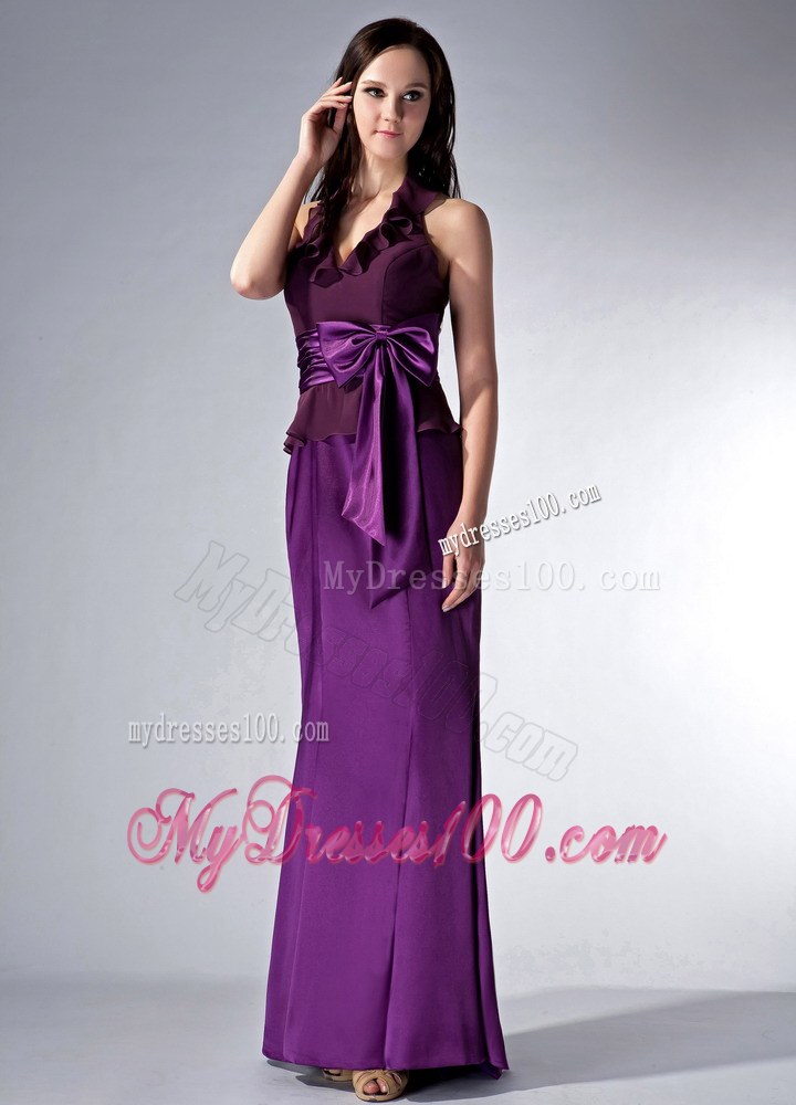 Custom Made Eggplant Purple Cloumn Halter Bridesmaid Dress Bow Brush Train Elastic Woven Satin and Chiffon