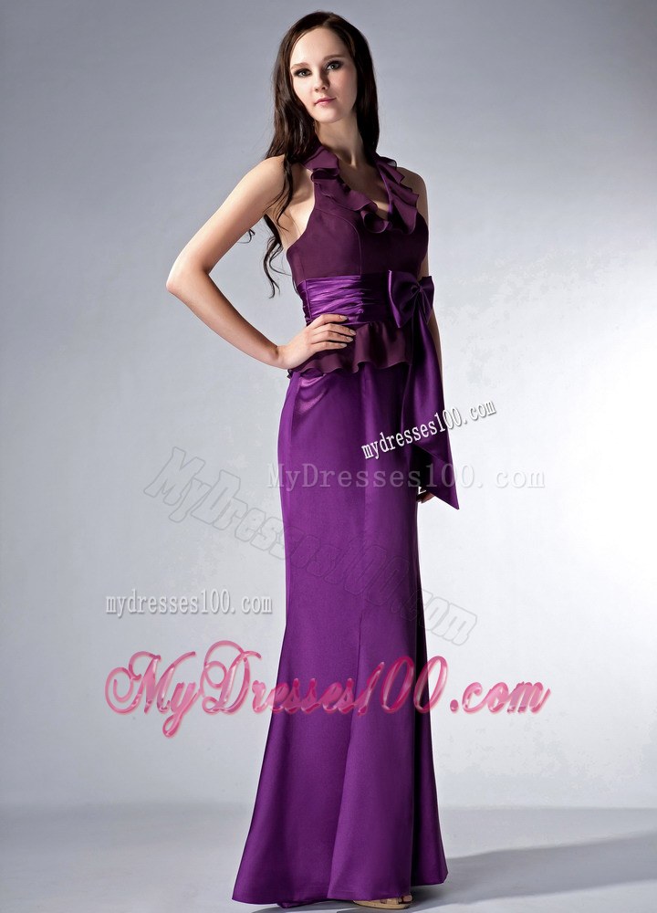 Custom Made Eggplant Purple Cloumn Halter Bridesmaid Dress Bow Brush Train Elastic Woven Satin and Chiffon