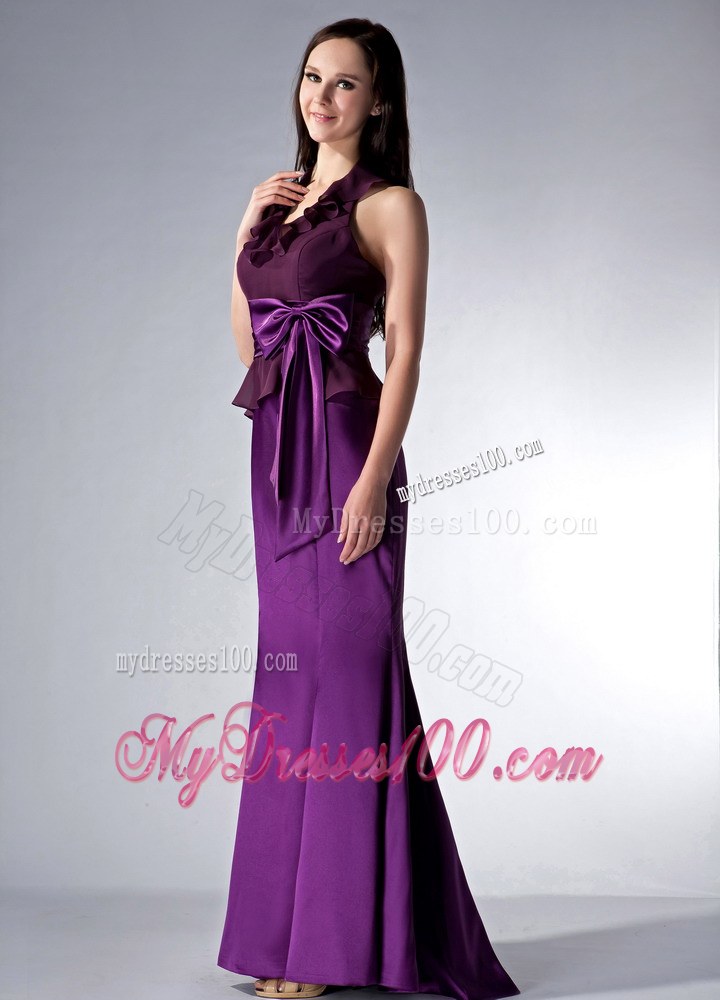 Custom Made Eggplant Purple Cloumn Halter Bridesmaid Dress Bow Brush Train Elastic Woven Satin and Chiffon