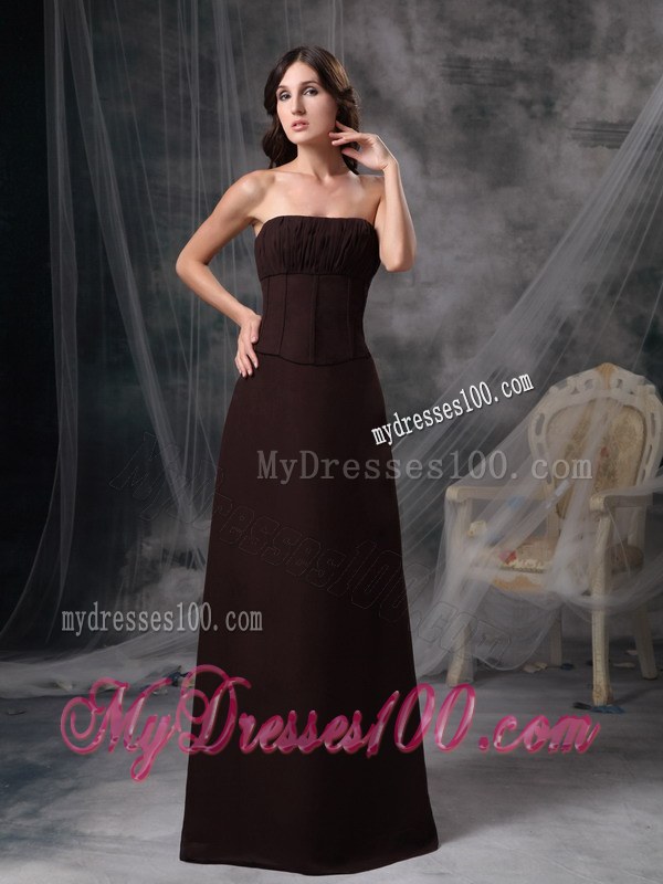 Column Strapless Satin Ruche Dark Brown Dress for Bridesmaid
