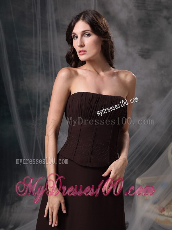 Column Strapless Satin Ruche Dark Brown Dress for Bridesmaid