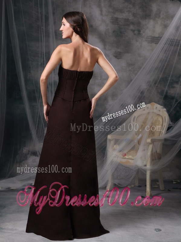 Column Strapless Satin Ruche Dark Brown Dress for Bridesmaid