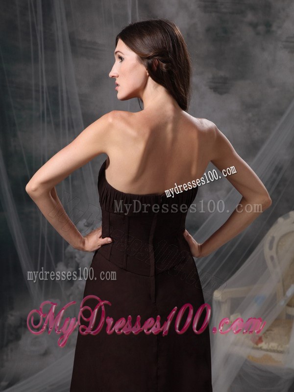 Column Strapless Satin Ruche Dark Brown Dress for Bridesmaid