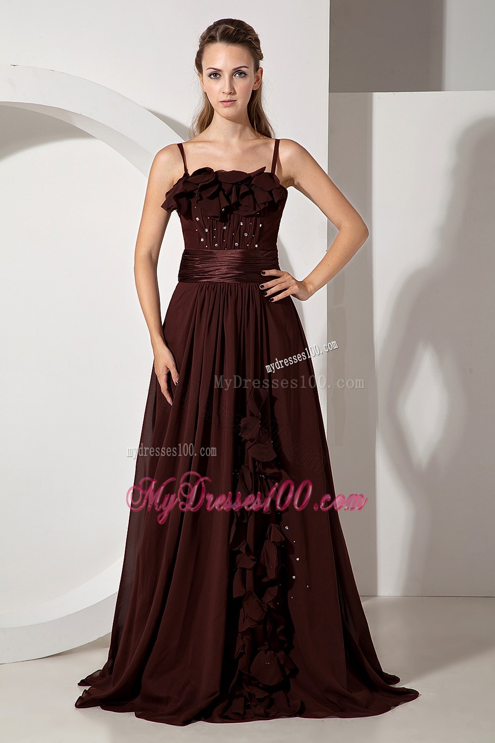 Straps Brown Bridesmaid Dress Beading Empire Strapless Hand Flowers
