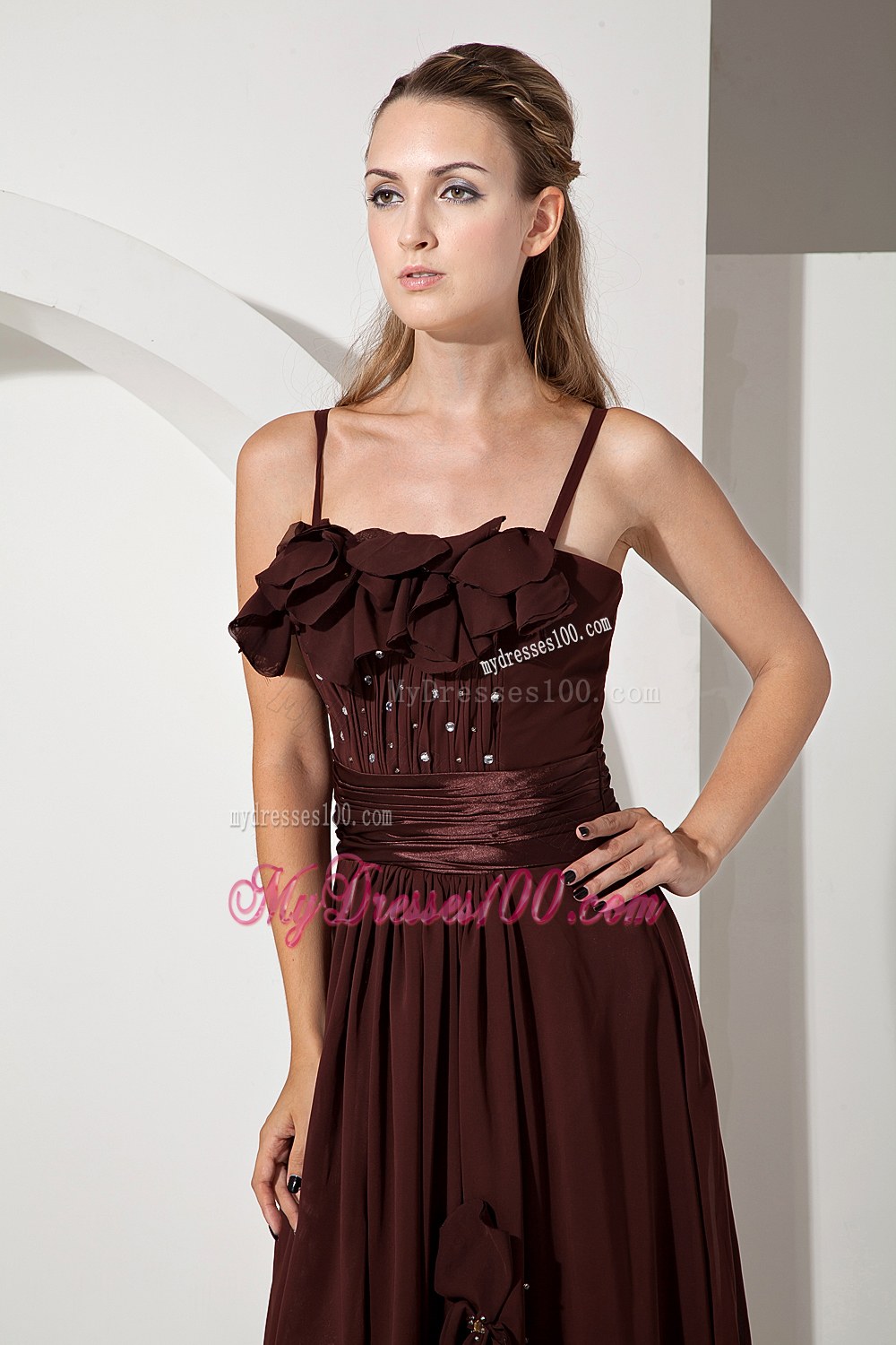 Straps Brown Bridesmaid Dress Beading Empire Strapless Hand Flowers