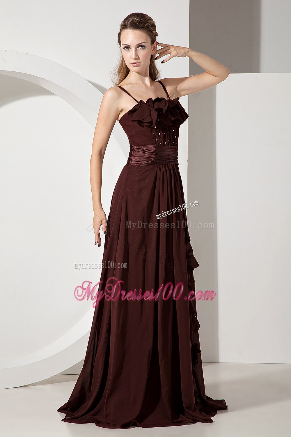 Straps Brown Bridesmaid Dress Beading Empire Strapless Hand Flowers