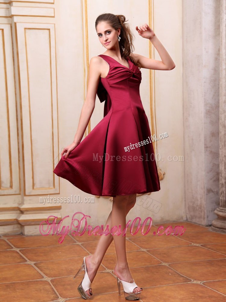 Burgundy Bridemaid Dress V-neck Knee-length Satin