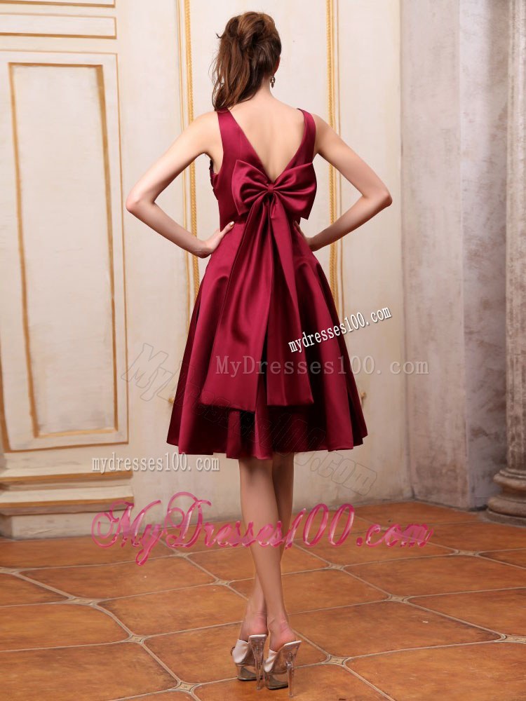Burgundy Bridemaid Dress V-neck Knee-length Satin