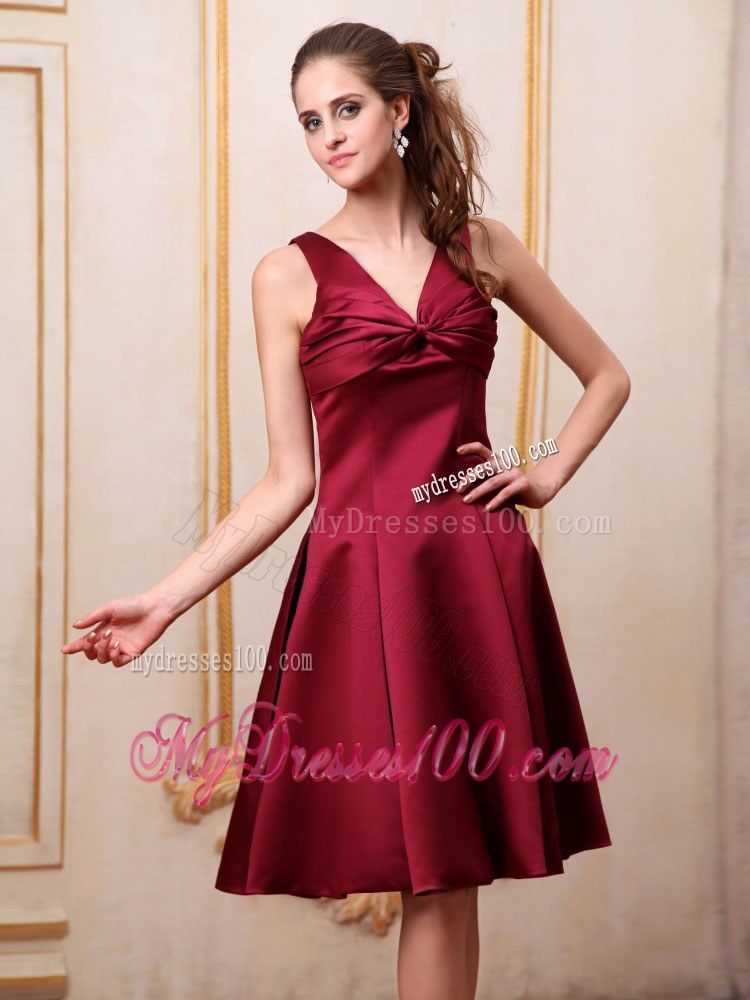 Burgundy Bridemaid Dress V-neck Knee-length Satin