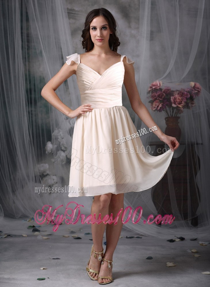 Off White Empire V-neck Straps Chiffon Bridemaid Dress with Ruche