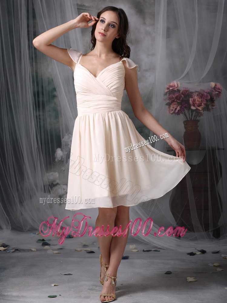Off White Empire V-neck Straps Chiffon Bridemaid Dress with Ruche
