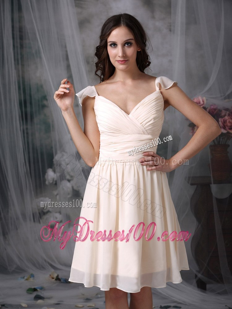 Off White Empire V-neck Straps Chiffon Bridemaid Dress with Ruche