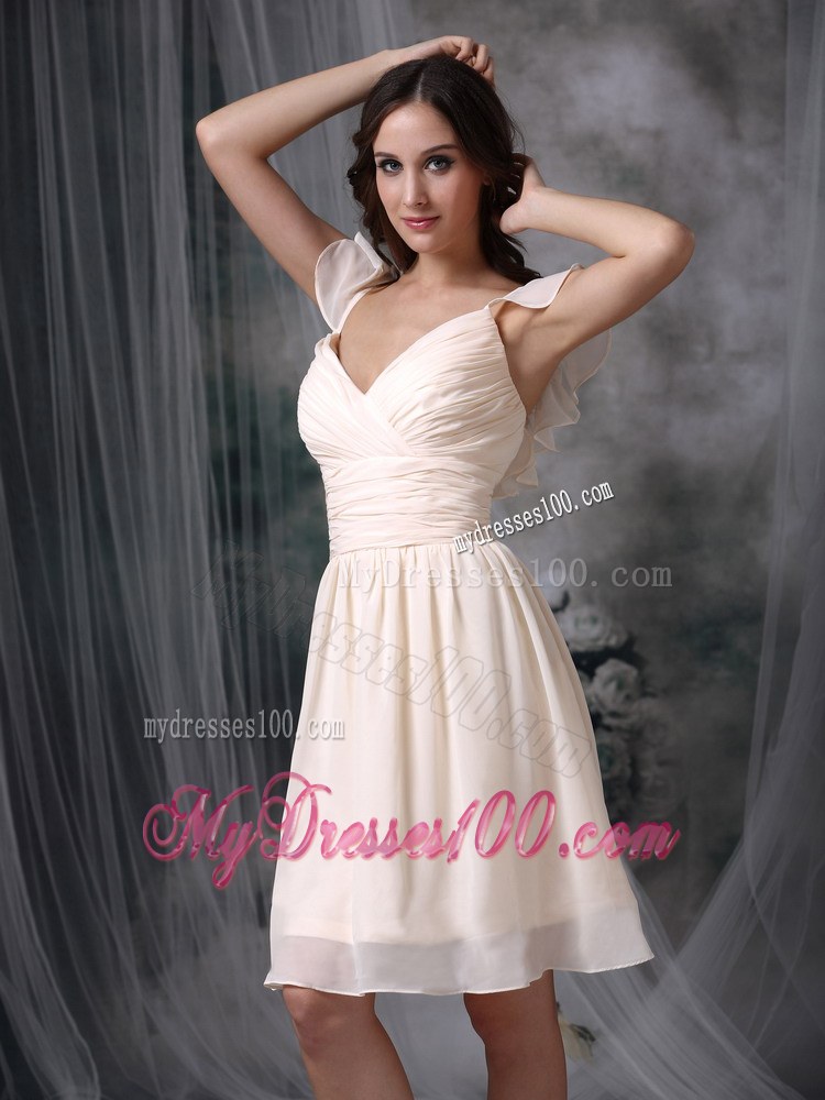 Off White Empire V-neck Straps Chiffon Bridemaid Dress with Ruche