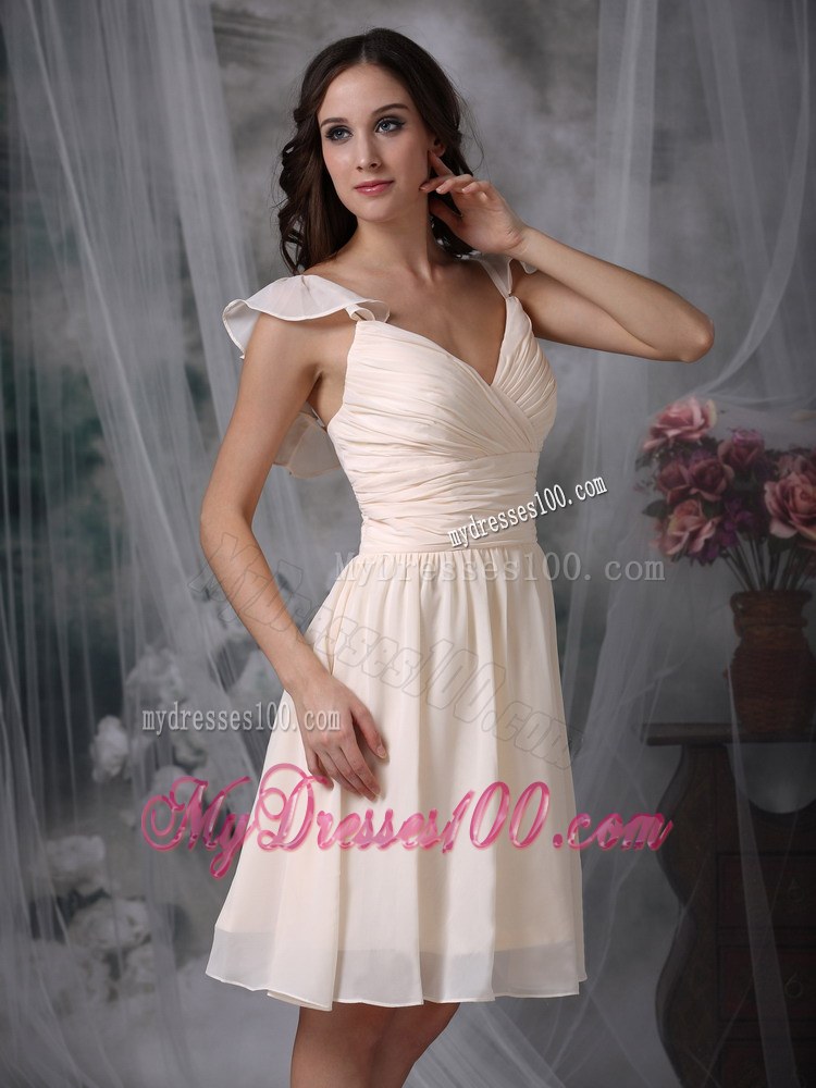 Off White Empire V-neck Straps Chiffon Bridemaid Dress with Ruche